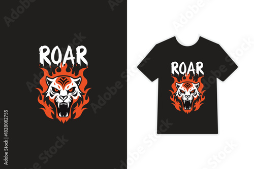 Angry Tiger Head Roaring with Fire T-Shirt Design. Tiger Face Roar T-Shirt Vector Illustration