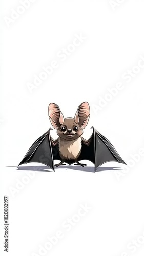Cute Cartoon Bat with Big Ears and Wings on White Background.