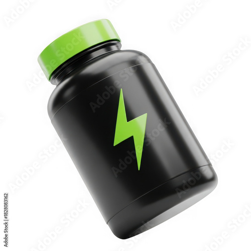 Black supplement bottle with green lightning bolt isolated on white isolated on transparent background
