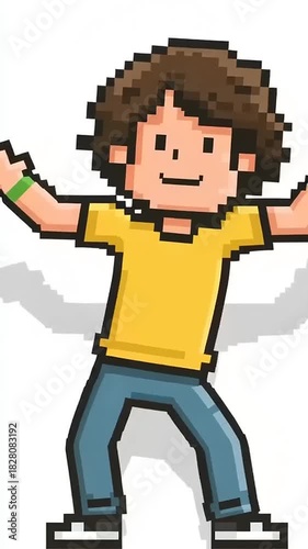 Happy Dancing Boy Character in Retro Pixel Art Style.
