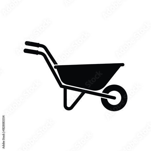 Black silhouette of a wheelbarrow on a white background