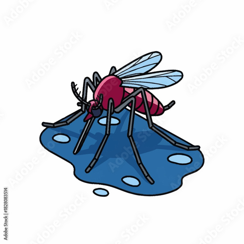 Cartoon illustration of a red mosquito on a puddle of water.
