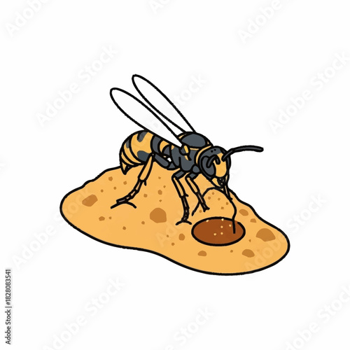 Wasp diligently working on a sandy surface, focused and active.