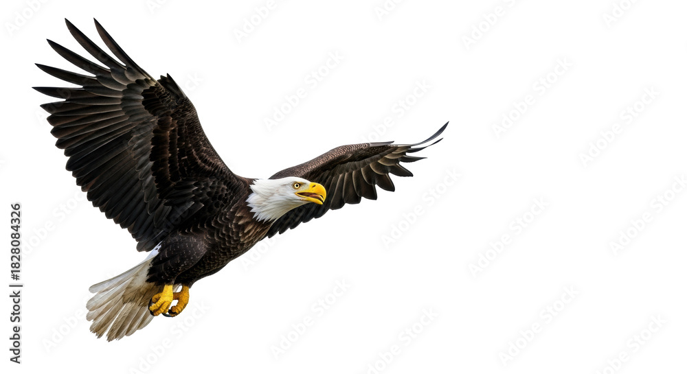 Naklejka premium Majestic bald eagle soaring dynamically, powerful dark brown wings, white head/tail, yellow beak/talons, gaze right creating copy space, on transparent background. Concept of leadership and