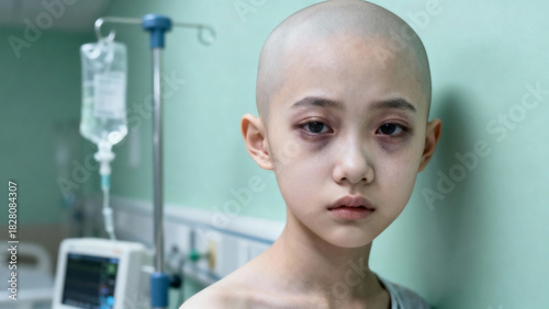 Close-up portrait of a young girl with a shaved head and serious expression. Concept for health challenges, resilience, or unique beauty.