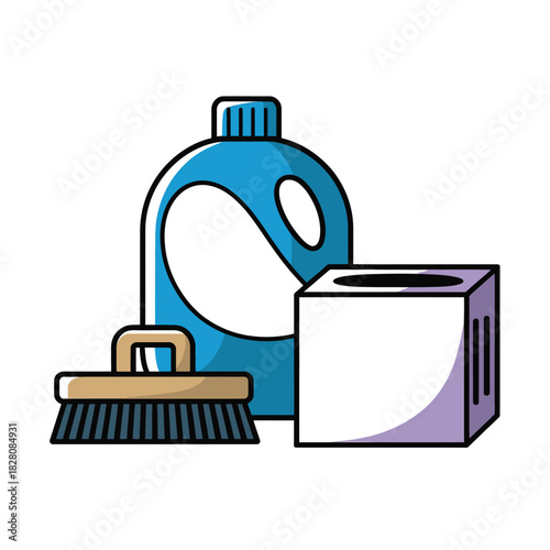 Cleaning supplies including a bottle of detergent, a brush, and a box of tissues are depicted.