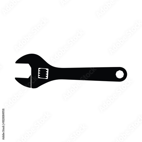 Black silhouette of an adjustable wrench on white background