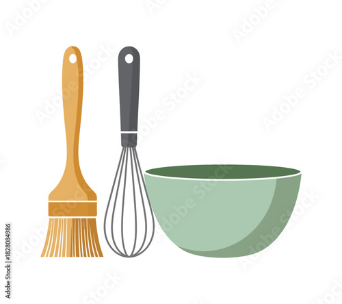 Kitchen utensils including a pastry brush, whisk, and mixing bowl are neatly arranged.
