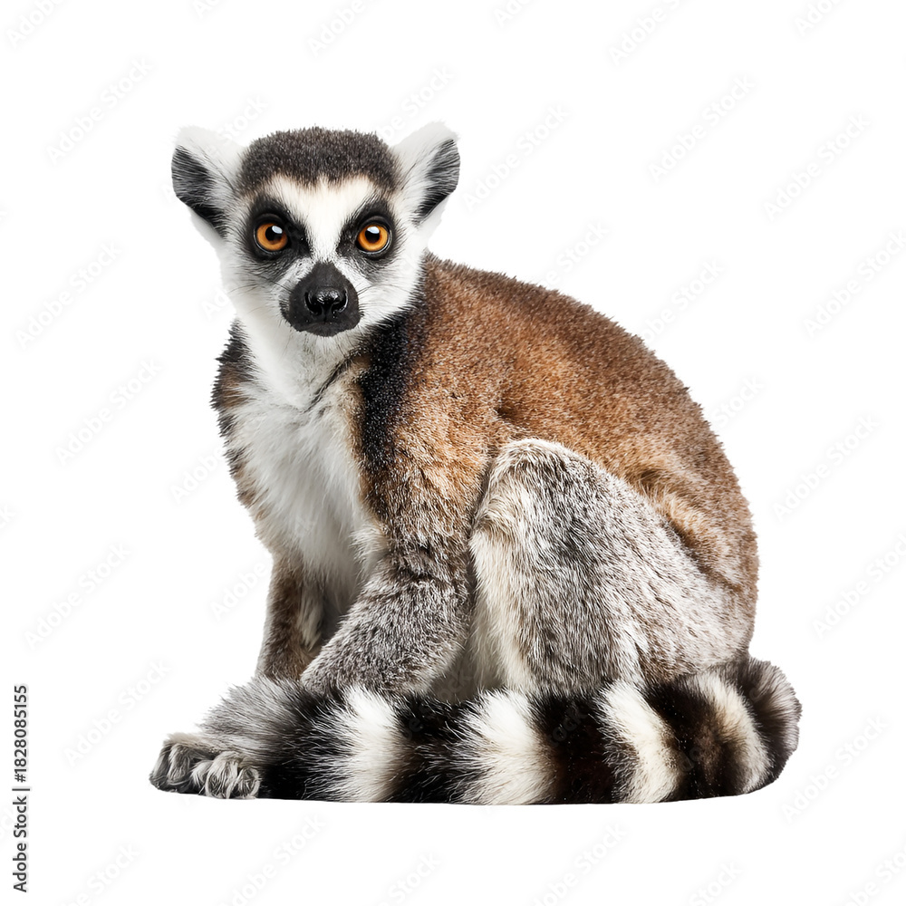 Obraz premium Ring tailed lemur sitting and looking forward isolated on transparent background