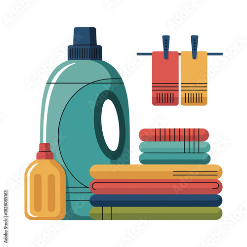 A large bottle of laundry detergent stands beside folded towels and drying clothes.