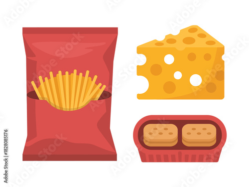 A selection of popular snack foods including potato sticks, cheese, and crackers.