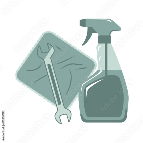 A wrench and a spray bottle represent cleaning and maintenance for industry.