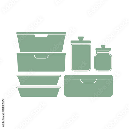 A collection of pastel green storage containers and jars are neatly arranged.
