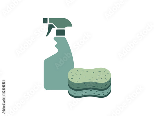A green spray bottle and a sponge are ready for cleaning tasks.