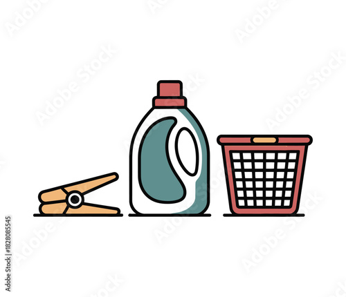 Laundry day involves detergent, a clothespin, and a basket.