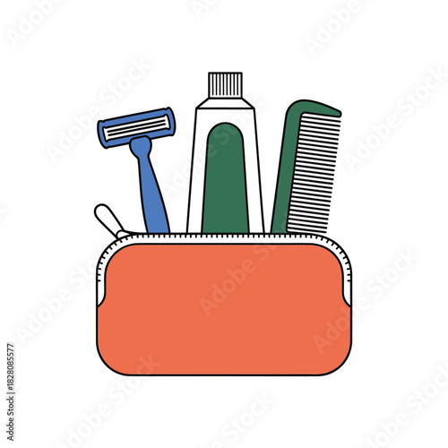 A toiletry bag contains a razor, toothpaste, and comb for personal grooming.