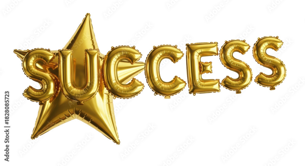 Fototapeta premium Golden foil balloons spelling 'SUCCESS' with a polished metallic sheen, isolated on a pristine transparent background, soft studio lighting, achievement celebration concept