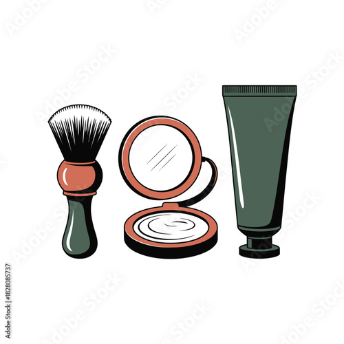 A shaving brush, compact mirror, and tube of cream are displayed on a white background.