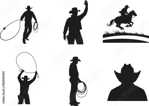 Cowboy silhouette collection lassoing riding and pointing the way in the wild west