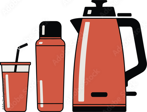 A red electric kettle, thermos, and drink cup are arranged for use.