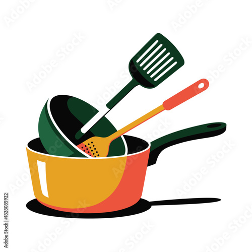 Kitchenware for cooking and food preparation is stacked together.