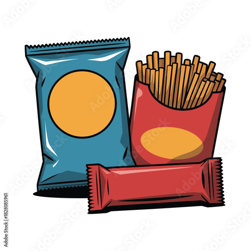 A bag of chips, french fries, and a candy bar are shown against a white background.
