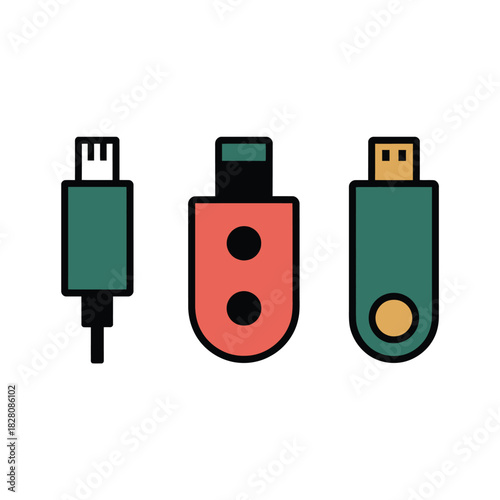 A collection of USB drives and a cable connector are displayed on a white background.