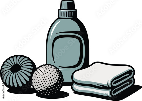 Laundry detergent and fabric softener balls are presented with folded towels