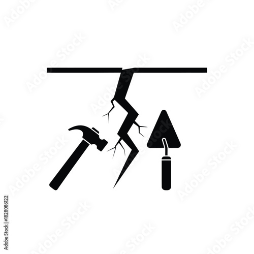 Black silhouette of hammer trowel and crack repair