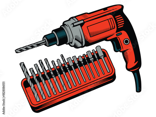 A red power drill with a set of assorted drill bits is ready for use.