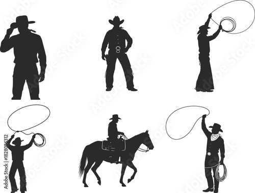 Cowboy silhouette collection lassoing riding and standing poses on white background