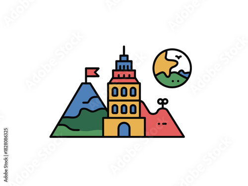 A stylized illustration depicts a tower, mountains, and a globe symbolizing global reach.
