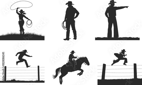 Cowboy and cowgirl silhouettes lassoing standing pointing jumping and riding horses