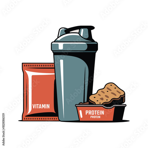 A protein shaker bottle, a vitamin packet, and a container of protein powder with a cookie are displayed.