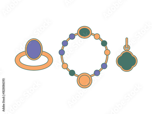 A ring, a bracelet, and a pendant are displayed on a white background.