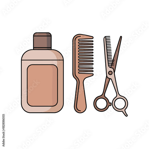 A bottle of product, a comb, and a pair of scissors are shown against a white background.