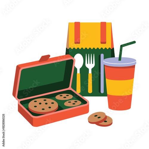 A colorful lunchbox is open to reveal cookies, with a drink and utensils nearby.