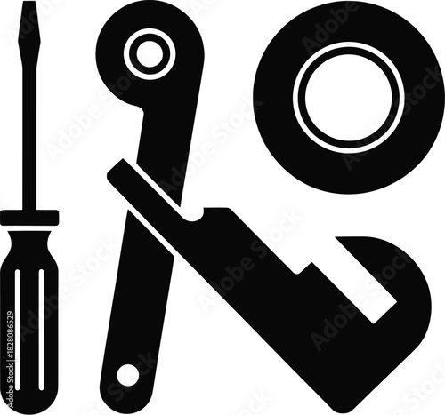 A screwdriver, a multi-tool, and a roll of tape are laid out for use.