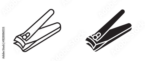 Nail clipper icon set in outline and silhouette style, representing personal grooming tools, manicure, and hygiene accessories, vector illustration.