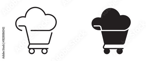 Cloud shopping cart icon set in outline and silhouette style, representing online grocery, cloud commerce, and digital shopping services, vector illustration.