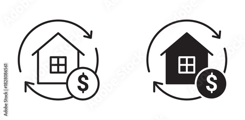 Home refinance icon set in outline and silhouette style, representing mortgage renewal, property investment, and financial services, vector illustration.