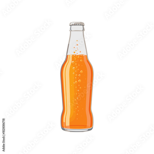 Bottle of orange soda with bubbles in glass container  