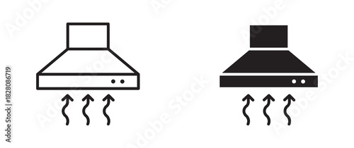 Kitchen exhaust hood icon set in outline and silhouette style, representing ventilation, cooking fumes removal, and kitchen equipment, vector illustration