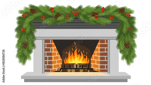 Fireplace with garland and firewood decorated for Christmas  