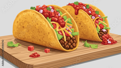 Tacos with salsa on wooden board ready for serving  