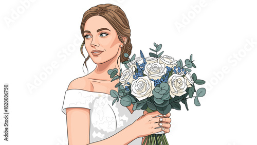 Bride holding bouquet of white roses and greenery in elegant dress  