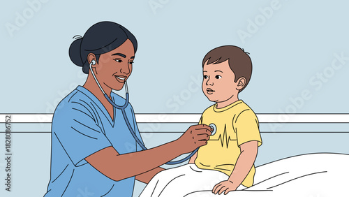 Nurse checking heartbeat of child in hospital room with smile  