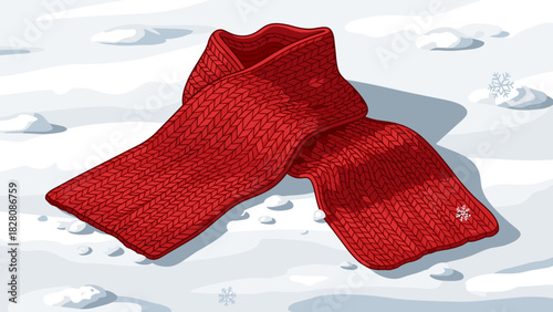 Red wool scarf on snow in winter outdoor setting  