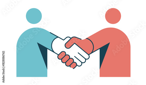 Two stylized figures are shaking hands, symbolizing agreement, partnership, and collaboration in a business context.