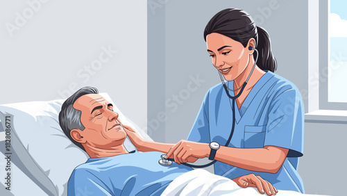 Female nurse checking heartbeat of elderly man in hospital room  